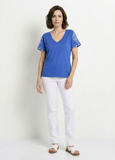 T-shirt col V brodé manches courtes Bleu / Blanc