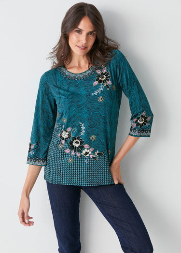 T-shirt long manches 3/4 fantaisie Emeraude