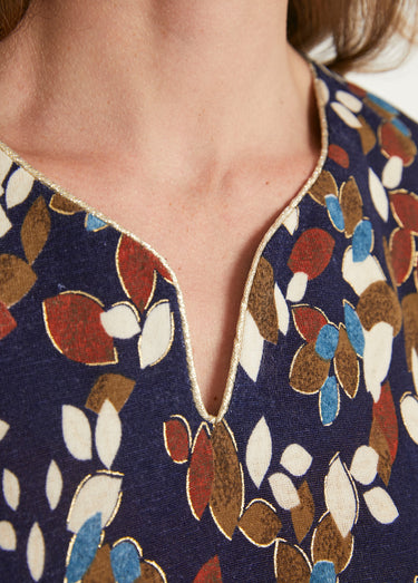 Robe courte évasée feuilles maille chaude Bleu / Écru