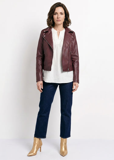 Veste de motard zippée en simili cuir Bordeaux