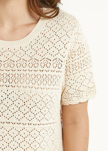 Pull manches courtes blousant ajouré col rond Ficelle