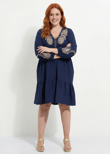 Robe col V avec broderies métallisées Marine
