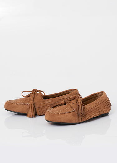 Mocassins avec franges et nœud pompons Camel