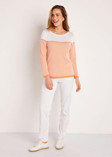Pull fin col rond manches longues Blanc/Orange