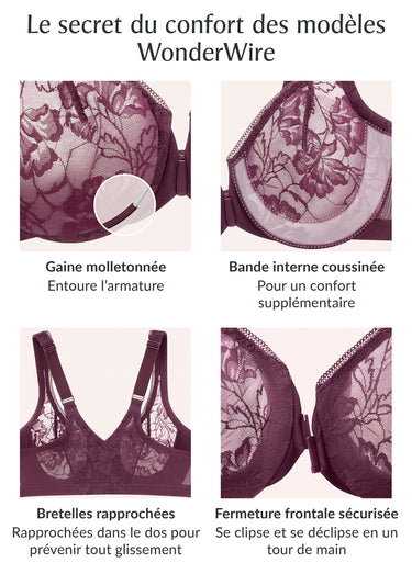 Soutien-gorge WonderWire Dentelle Dos Nageur à Fermeture Frontale, Spécial Grandes Tailles n°9246 Prune