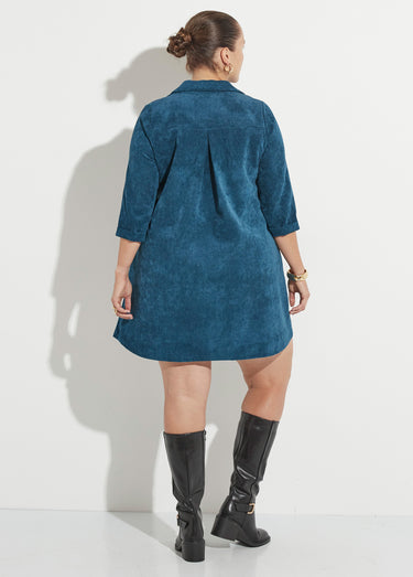 Robe trapèze col V et velours milleraies Emeraude