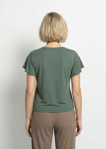 T-shirt col V jersey cotelé, Essentiel Kaki