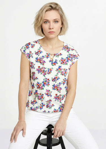 T-shirt blousant col bijou fleuri Fond Blanc