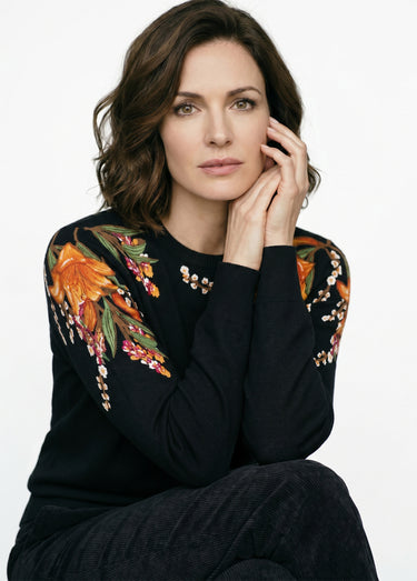 Pull chaud col rond imprimé floral manches longues Noir