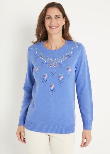 Pull doux uni brodé ajouré col rond Bleu