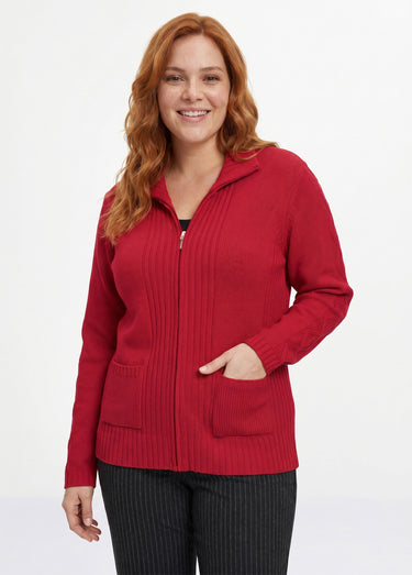 Gilet zippé uni mi-long maille épaisse Framboise