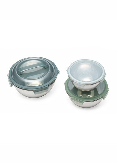 Set 3 bols acier inox, diam. 20/24/28 cm Vert / Gris