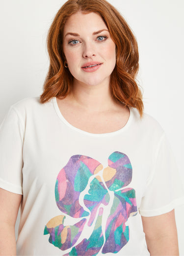 T-shirt col rond avec motif fleuri Fond Ecru