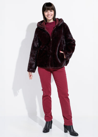 Blouson en fausse fourrure à capuche Bordeaux