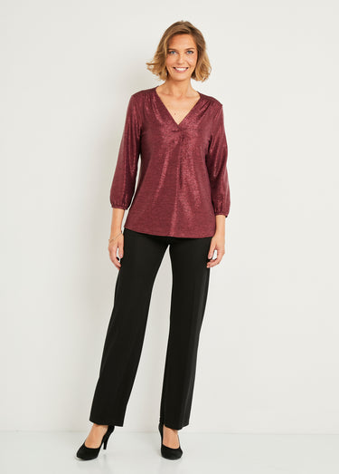 T-shirt mi long ample maille brillante col V Framboise