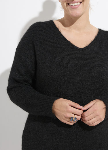Robe pull longue col V avec laine Noir