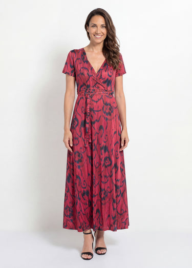 Robe longue, col V cache-cœur ceinturée Noir/Rouge
