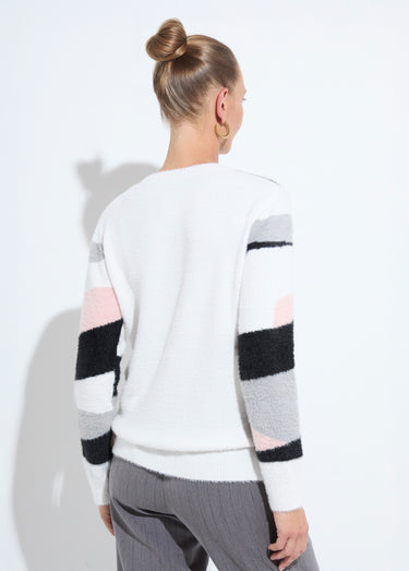 Pull jacquard graphique maille poilue col rond Ecru/Rose