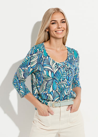 T-shirt col rond imprimé patchwork Bleu/Vert