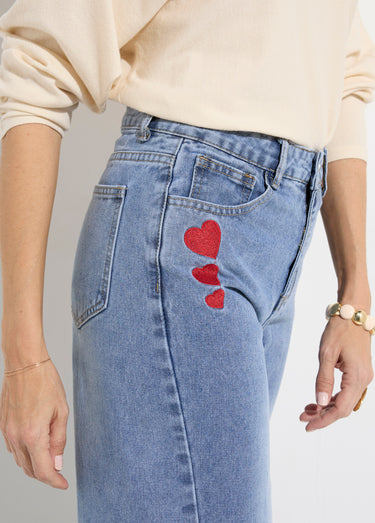 Jean 5 poches large denim broderies cœur Stone