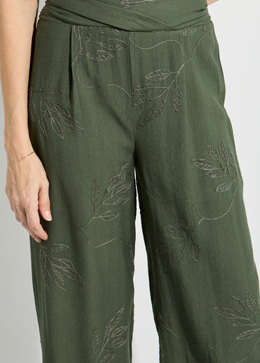 Pantalon large élastiqué brodé feuillage Kaki