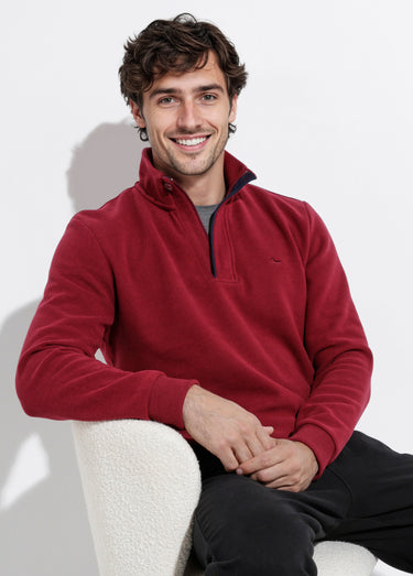 Pull épais jersey de coton, col zippé Bordeaux