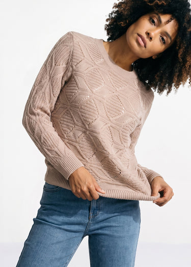 Pull tunique mi long uni col rond maille ajourée Beige Rose