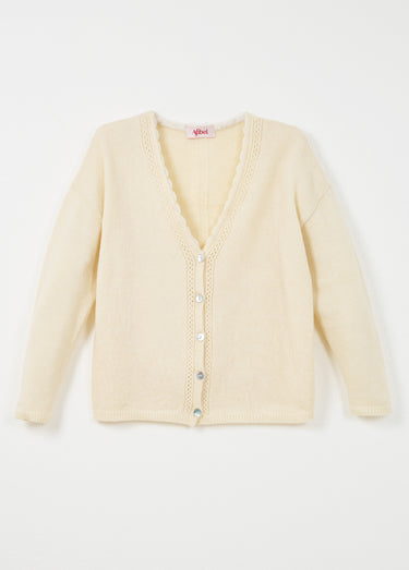 Gilet boutonné col V ajouré et macramé Ecru