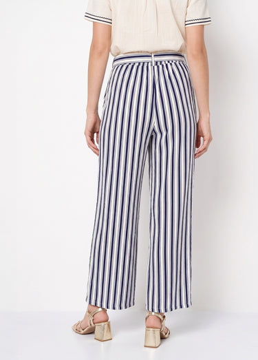 Pantalon rayé ceinturé, fils métallisés Marine/Ecru
