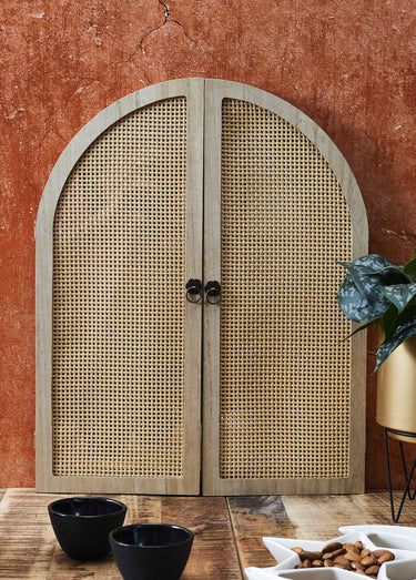 Miroir déco à volets, bois et cannage Marron