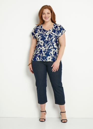 T-shirt manches courtes uni ou imprimé fleurs Marine/Beige