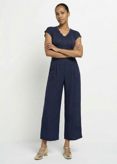 Pantalon large élastiqué brodé feuillage Marine