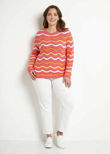 Pull doux col rond reliefé rayé point mousse Fond Rose