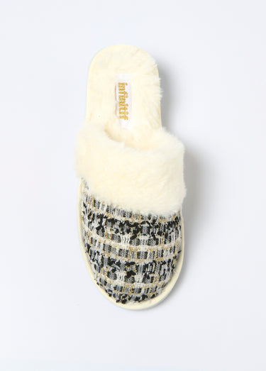 Chaussons mules tweed et fourrure Noir