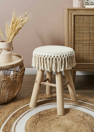 Tabouret thème ethnique assise franges Beige/Marron
