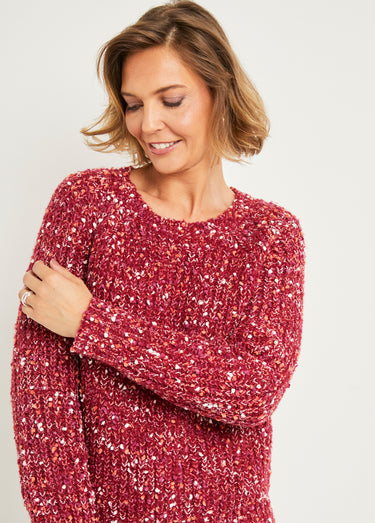 Pull chaud col rond maille fantaisie perlée Framboise
