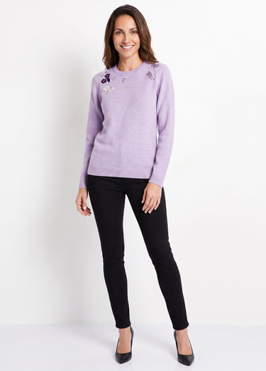 Pull doux uni brodé col rond manches longues Lilas