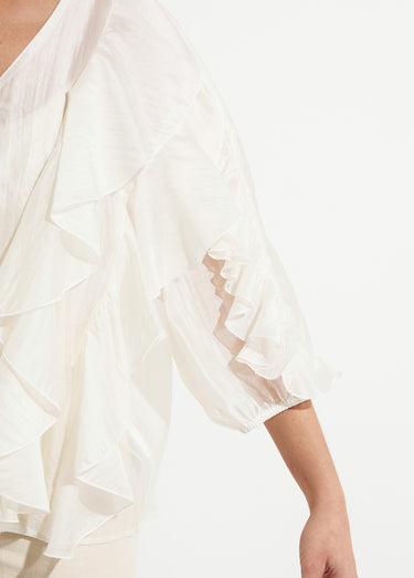 Blouse col V boutonnée à volants Blanc