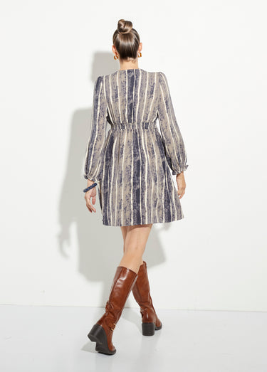 Robe courte col V taille haute plissée Gris/Ecru