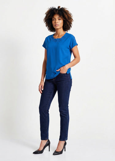 Top long manches courtes broderies col rond Bleu