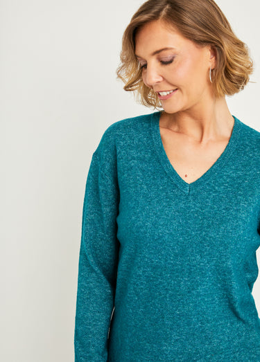 Pull tunique chiné long col V avec laine Canard