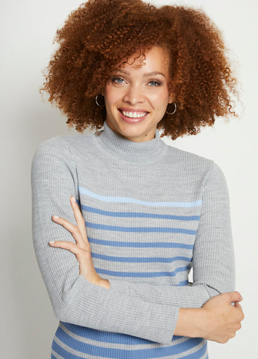 Pull court col montant maille côtelée Raye Bleu