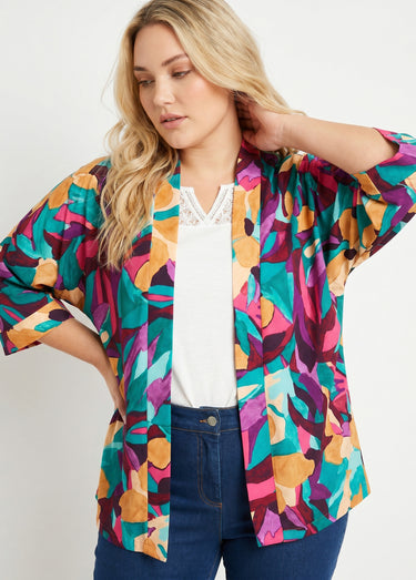 Veste longue ample motif floral Violet/Bleu