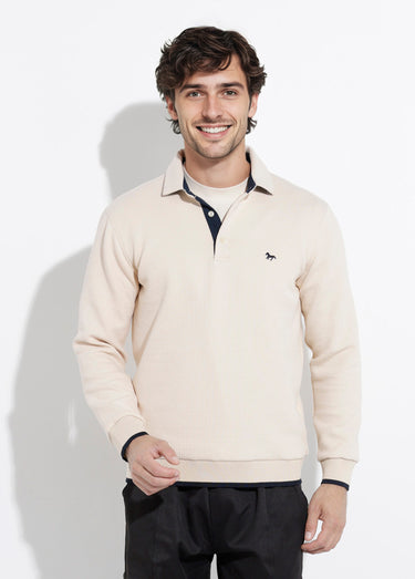 Pull maille fantaisie, col polo boutonné Beige