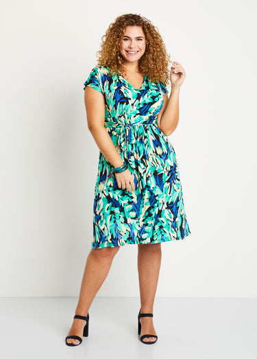 Robe maille courte évasée imprimé fantaisie Bleu/Vert