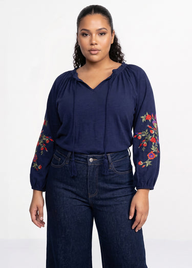 T-shirt long brodé manches 3/4 Marine