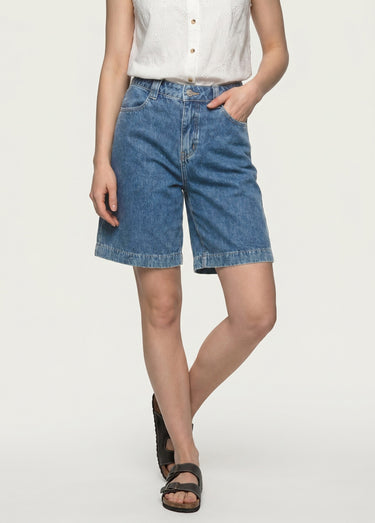 Bermuda femme en denim, coupe trapèze Bleu moyen / Clair