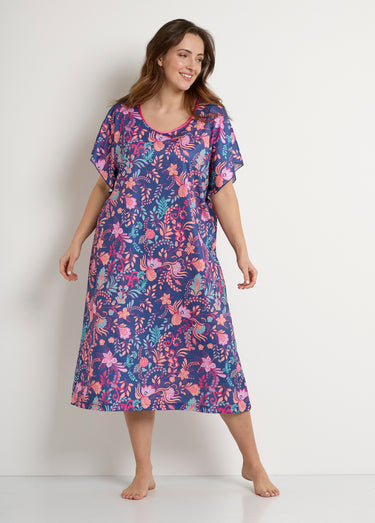 Robe d'hôtesse longue satinée imprimé floral Fond Marine