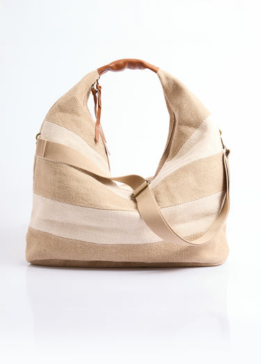 Grand sac cabas rayé jute + détails cuir Beige