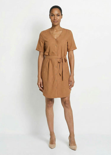 Robe chemisier col V, brodée feuillage Camel